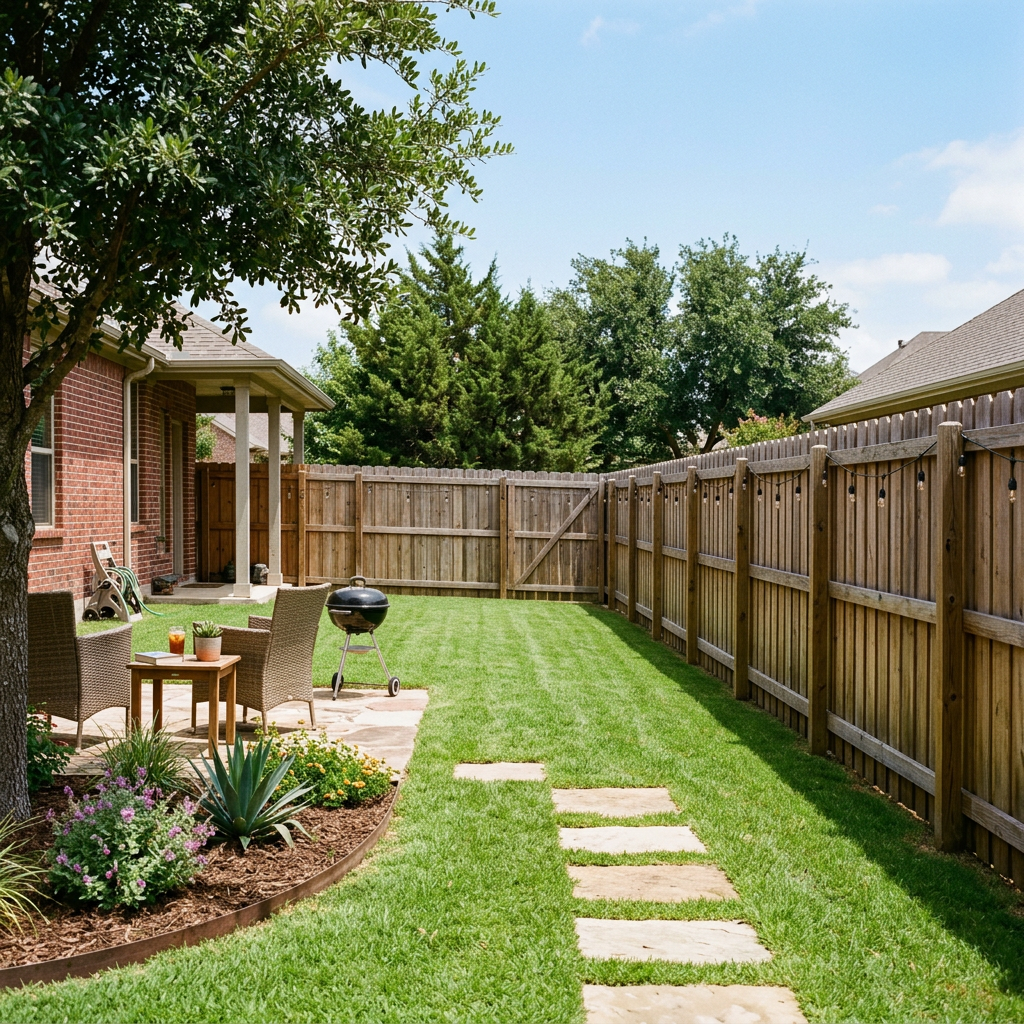 Backyard with stone patio, chairs, table, grill, and wooden fence