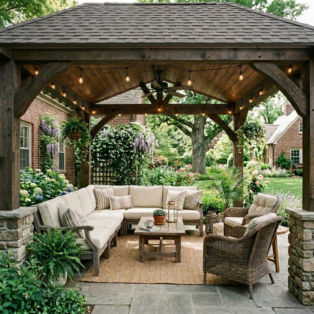Outdoor lounge with cushioned sectional sofa and wicker chairs under wooden pergola in garden
