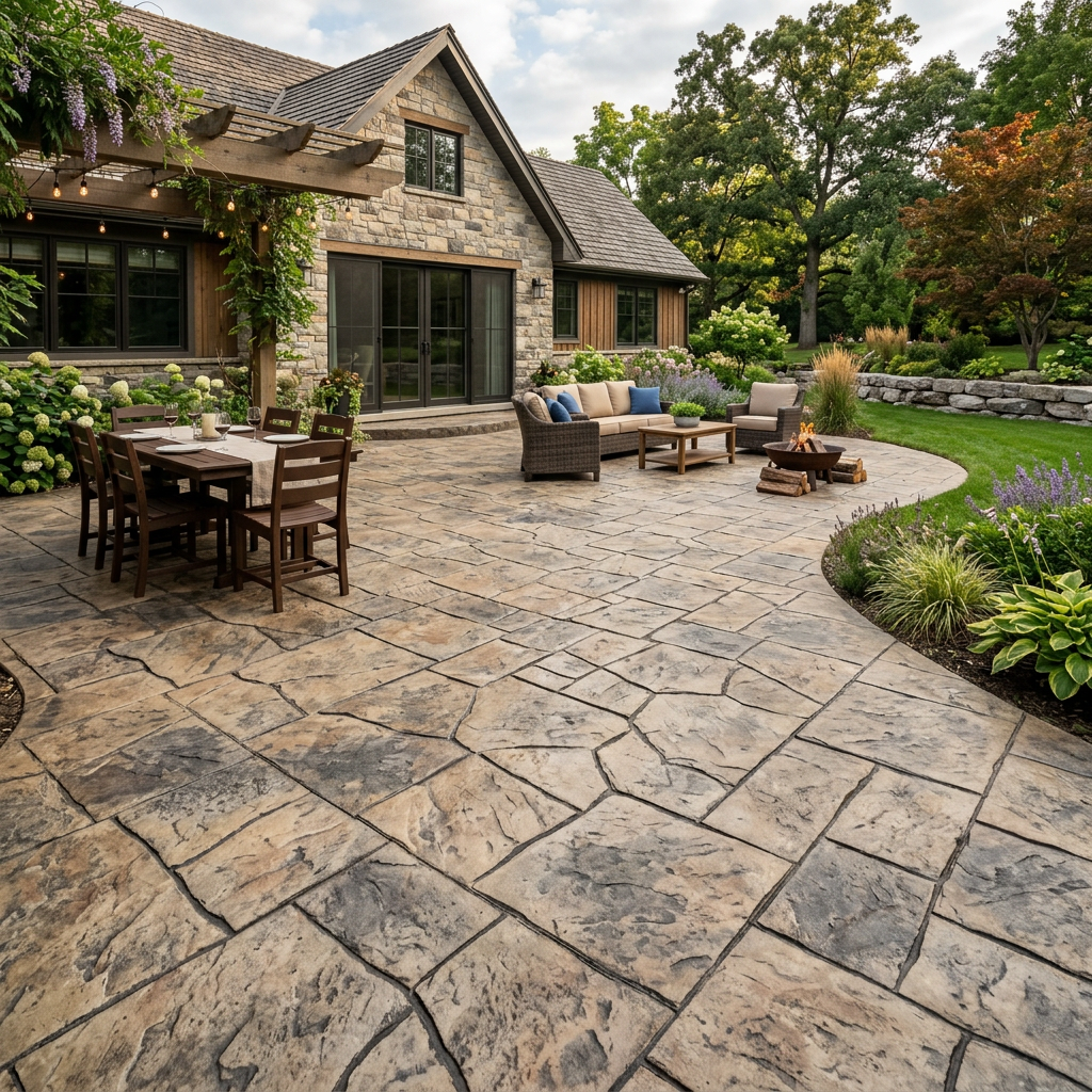 Stamped concrete patio with textured stone pattern