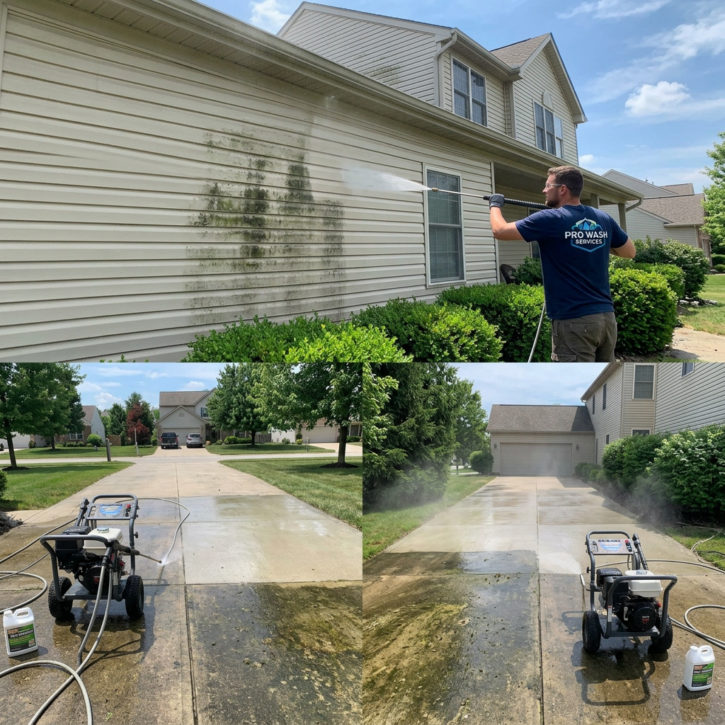 Power washing driveway and house siding mold removal