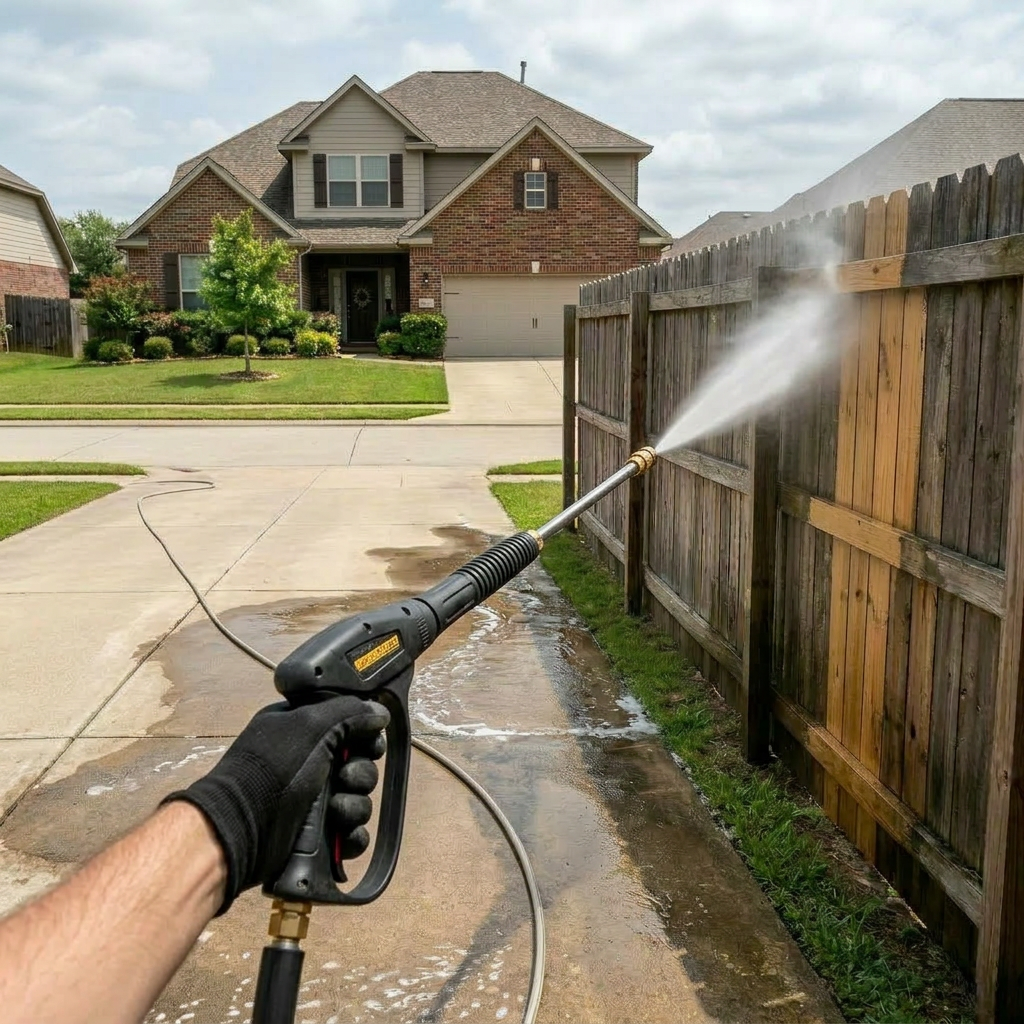 POV pressure washing, restoring beauty on wood fences and removing outdoor grime.
