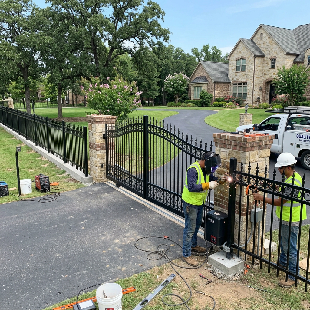 Two workers welding and installing a black iron gate on stone pillars at a house driveway