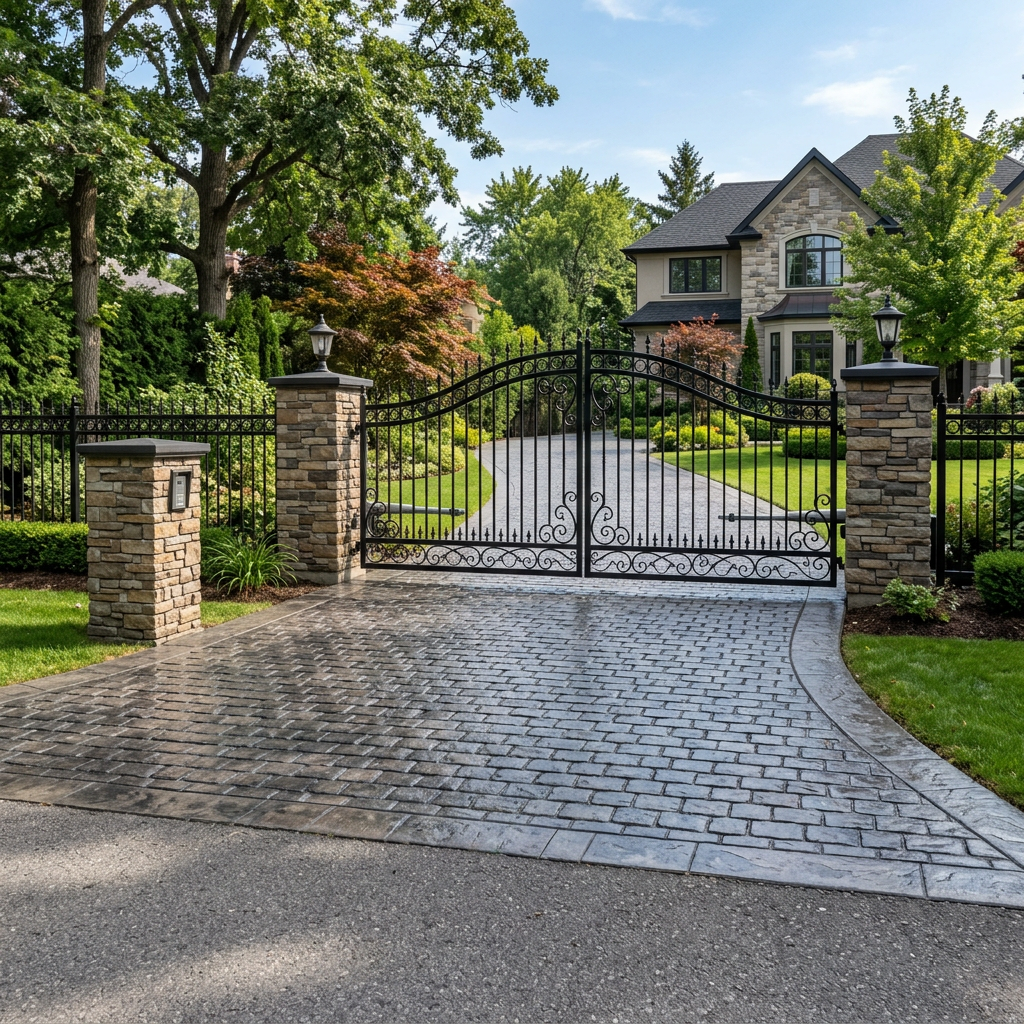 Wrought iron automatic gate at driveway entrance of stone house with manicured lawn