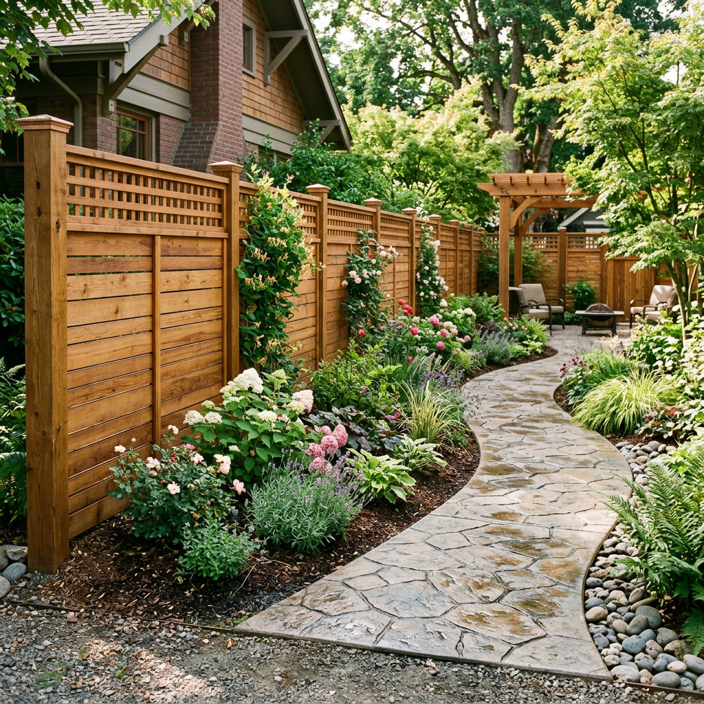 Stamped concrete pathway winding through garden with flowers and wooden fence