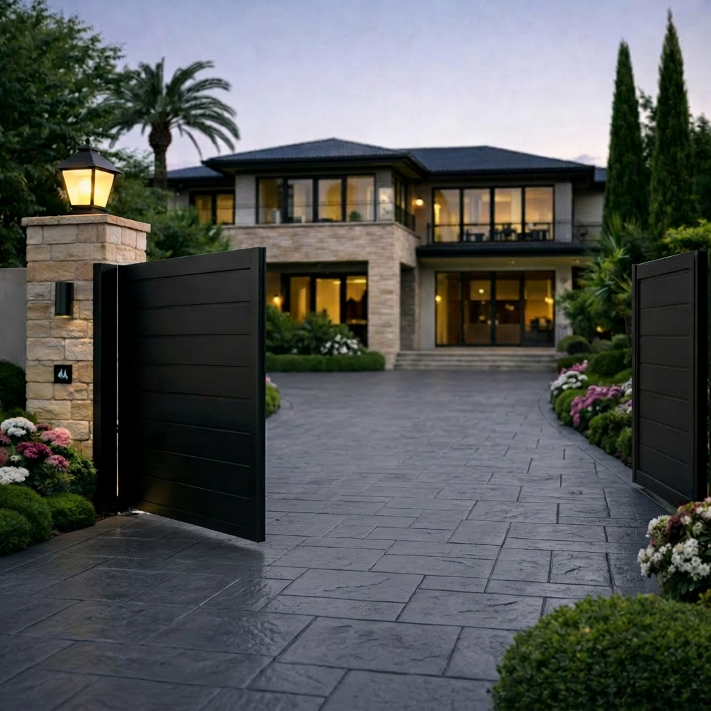 gated driveway of modern luxury house with lights on