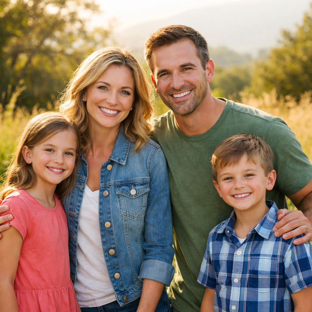 Smiling family of four standing outdoors with warm sunlight