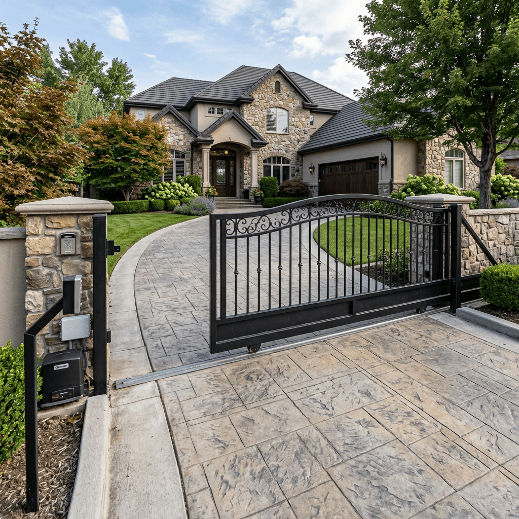 Stone house with wrought iron gate and landscaped driveway