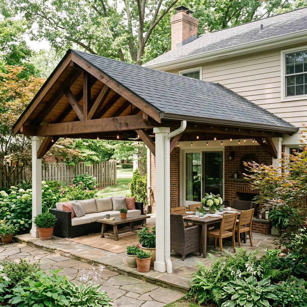 Backyard patio with wooden pavilion, outdoor sofa, dining table, and plants