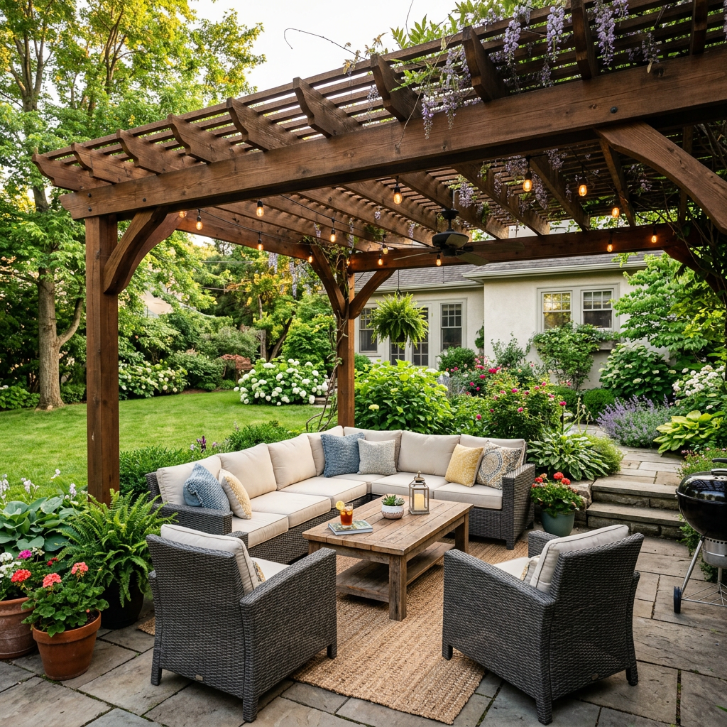 Outdoor patio seating with wicker furniture and wooden pergola in garden