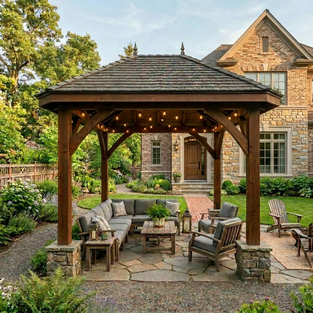 Wooden gazebo with cushioned seating, coffee table, and hanging purple flowers in a backyard garden