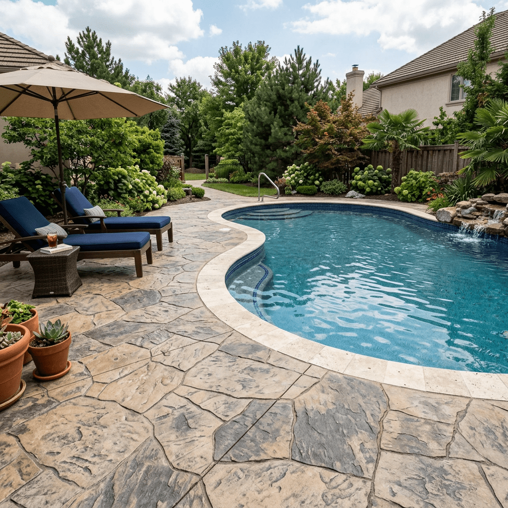 Stamped concrete patio next to pool