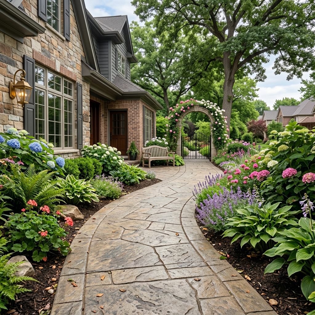 Stamped concrete walkway beside residential home