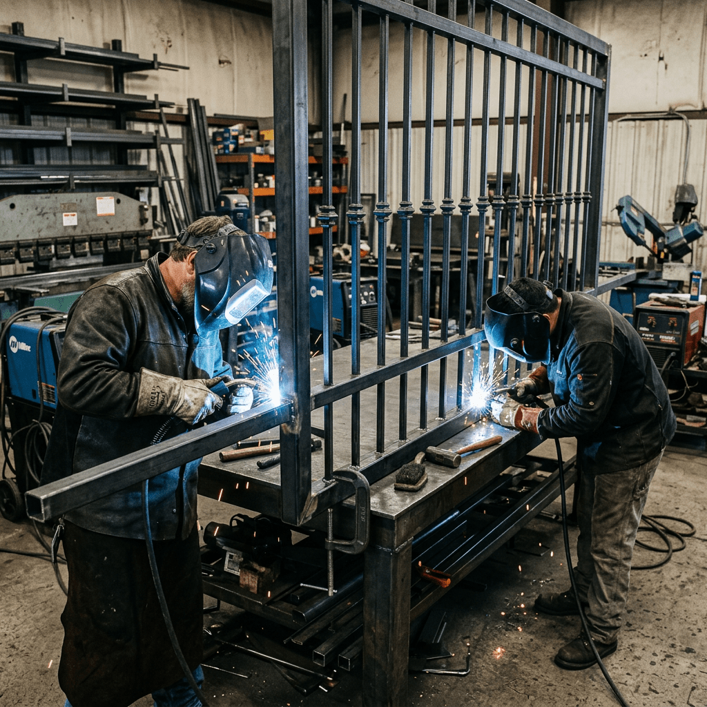Two men welding commercial iron gate