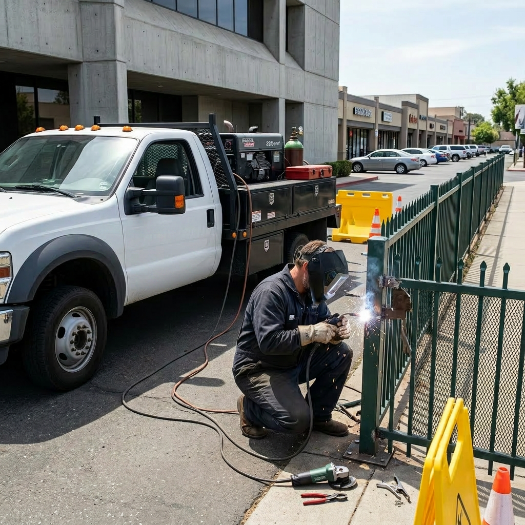 Technician welding a metal fence beside a white mobile welding service truck