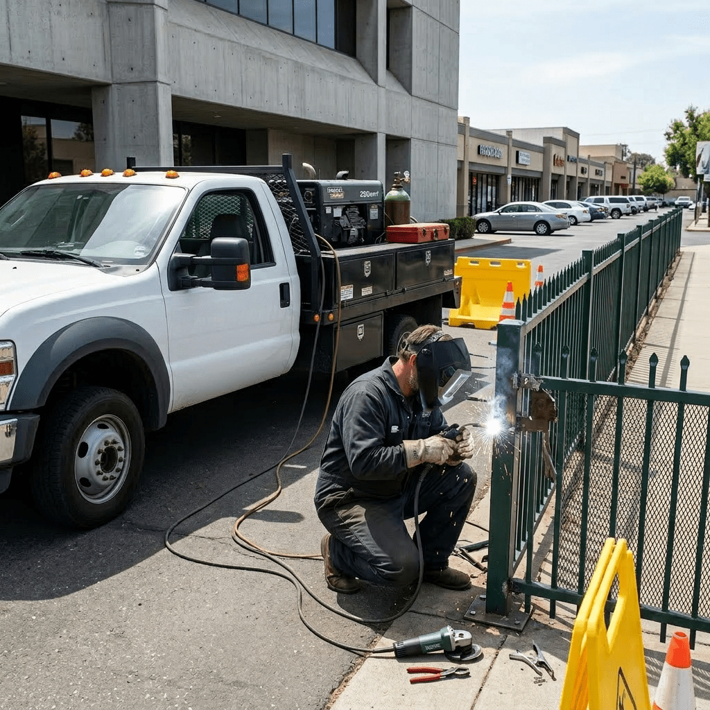 Technician welding a metal fence beside a white mobile welding service truck