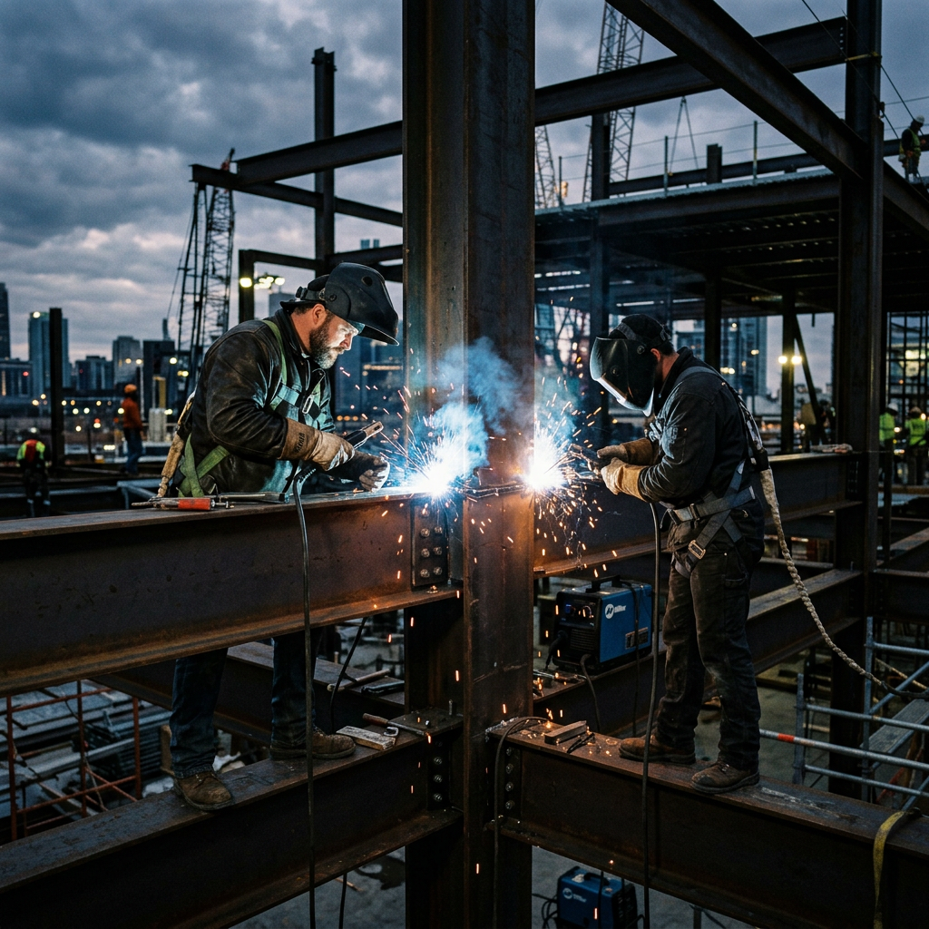 Two men welding structural steel beams