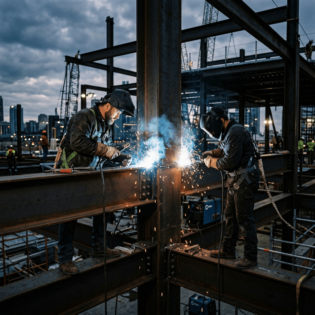 Two men welding structural steel beams
