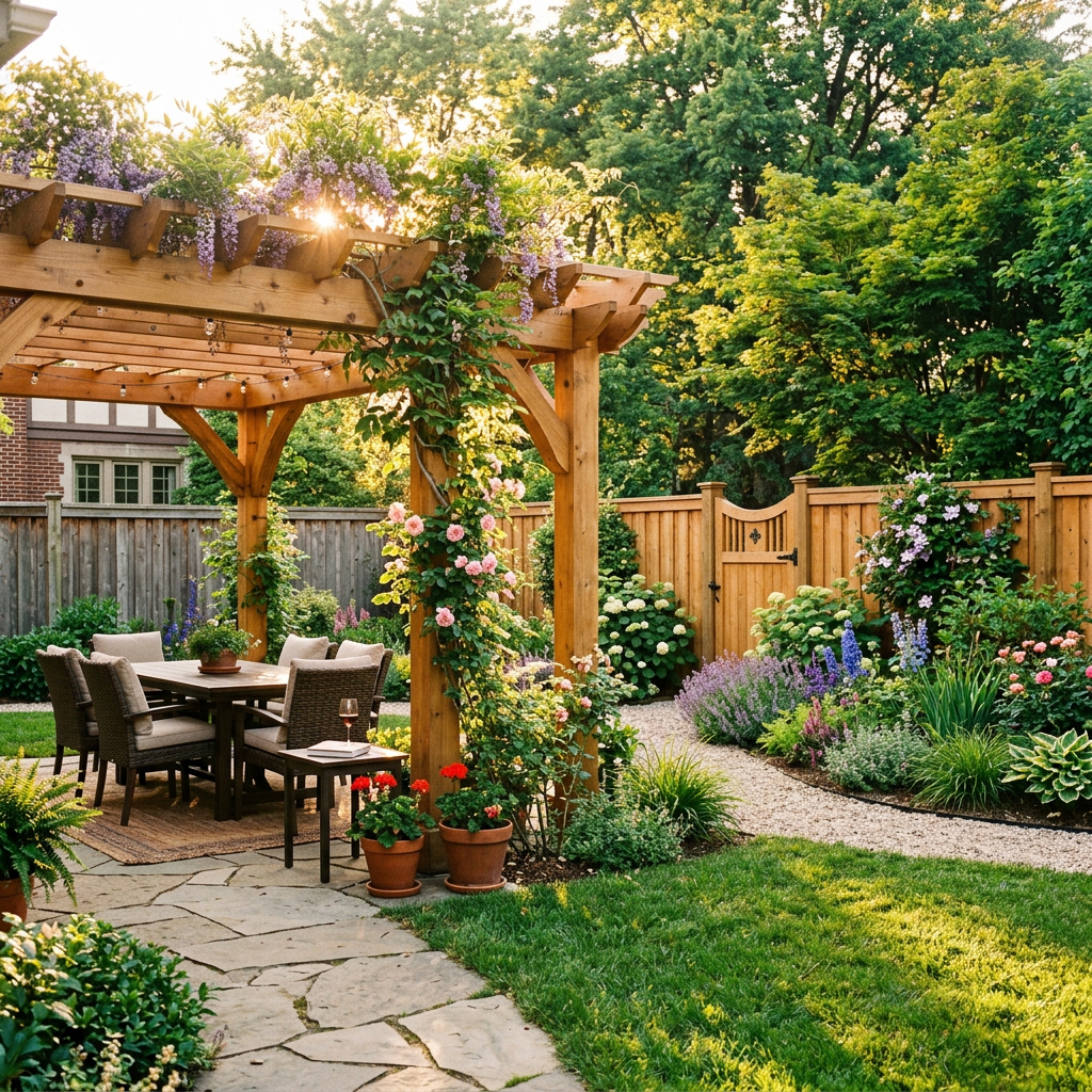 Outdoor wooden pergola with dining table and chairs surrounded by flowering plants and greenery
