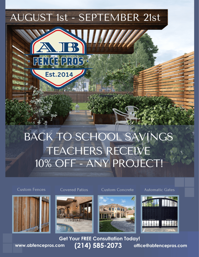 Promotional advertisement for AB Fence Pros featuring a wooden patio with green plants, announcing a back-to-school discount for teachers.