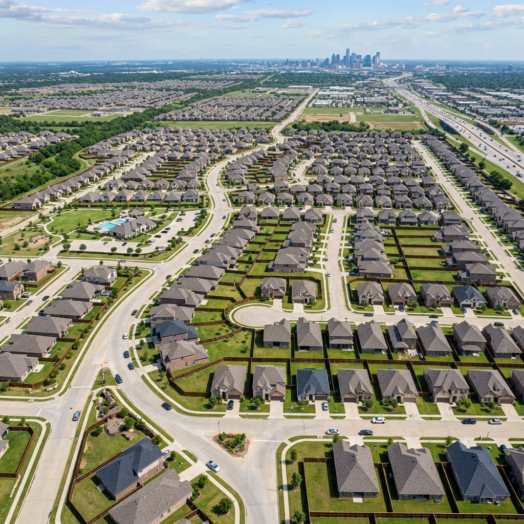 Aerial view of a large suburban neighborhood with city skyline beyond