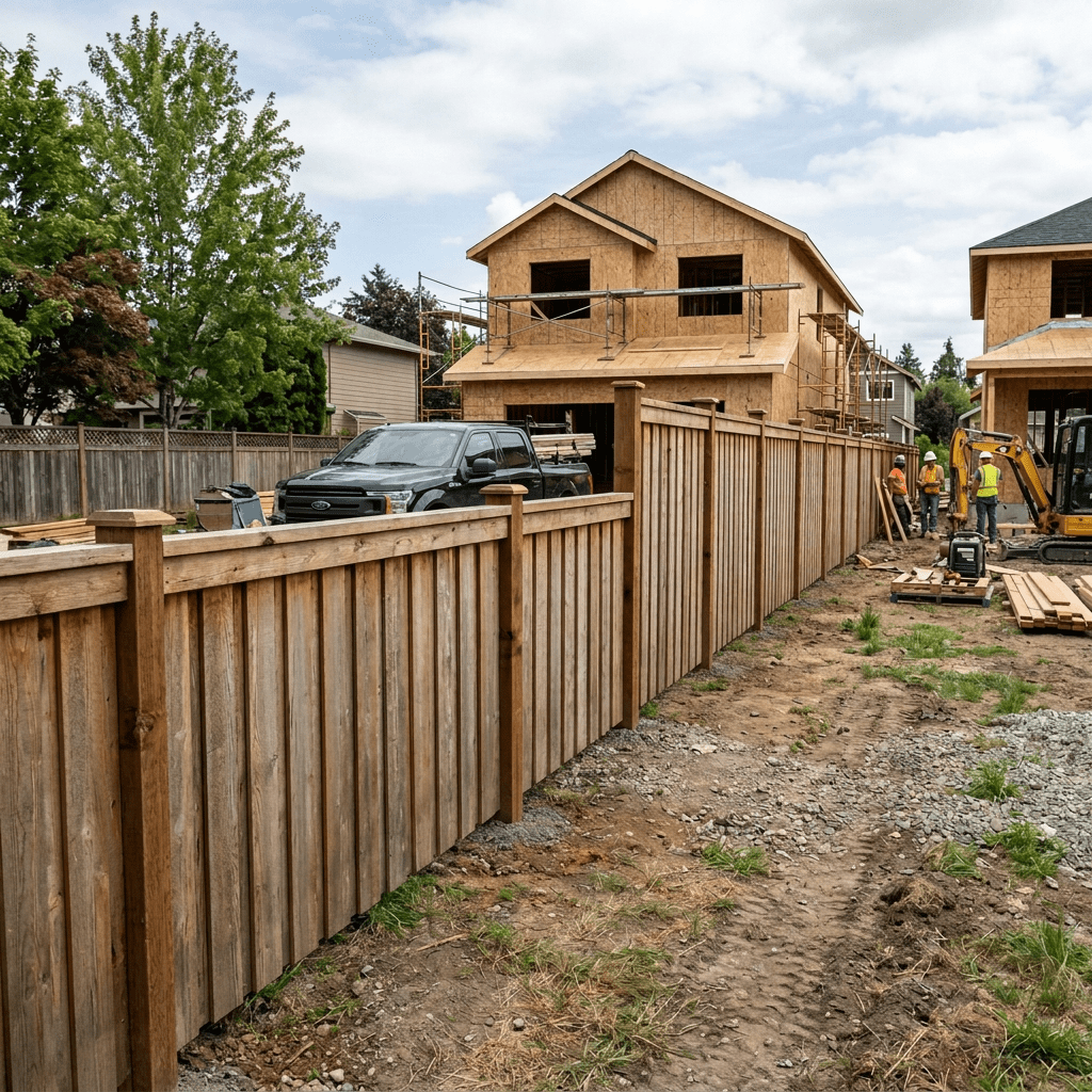 Construction workers building a house beside a wooden board on board cedar privacy fence in DFW Metroplex area.
