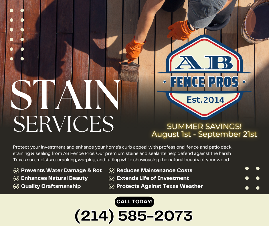 Professional fence staining service in the DFW Metroplex, showing a beautifully restored and freshly stained wood fence. AB Fence Pros provides residential and commercial fence staining, wood fence restoration, fence sealing, and exterior wood protection in Dallas-Fort Worth, Texas.